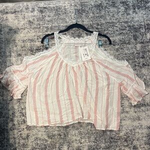 White and Red Embroidered Women's Top